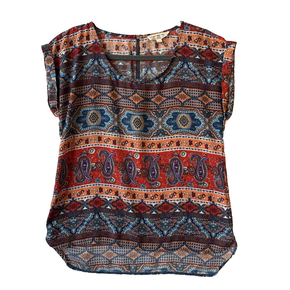 Pink Rose Colorful Aztec Roll Sleeve Lightweight Top M Bohemian Desert Festival